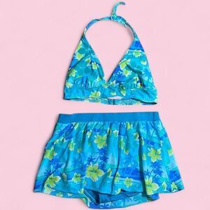 Vintage Y2K Blue and Green Floral Bikini Skirt Set